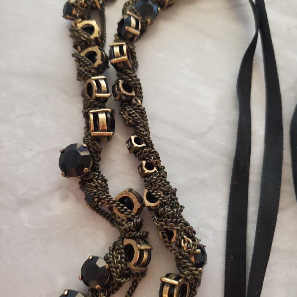 ✨ J.Crew Black Rhinestones Crystals Chain Ribbon Twist Tie Necklace ✨ - Picture 3 of 9